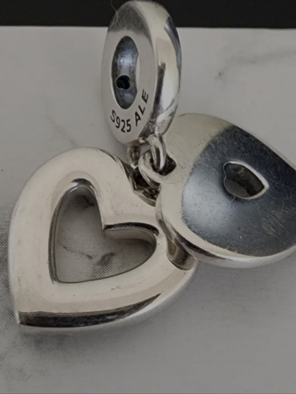 Authentic Pandora Pearlescent White Heart Double Dangle Charm - Picture 4 of 6
